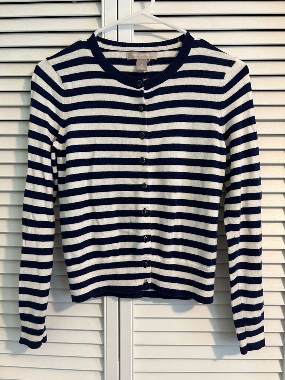 Banana Republic Navy and White Striped Button Cardigan